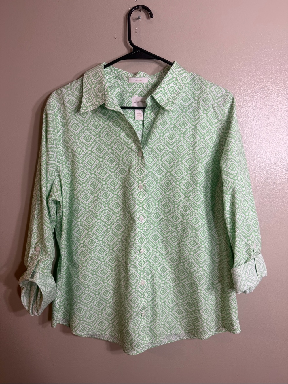 Chico’s No-Iron Green White Cotton Shirt Size 2